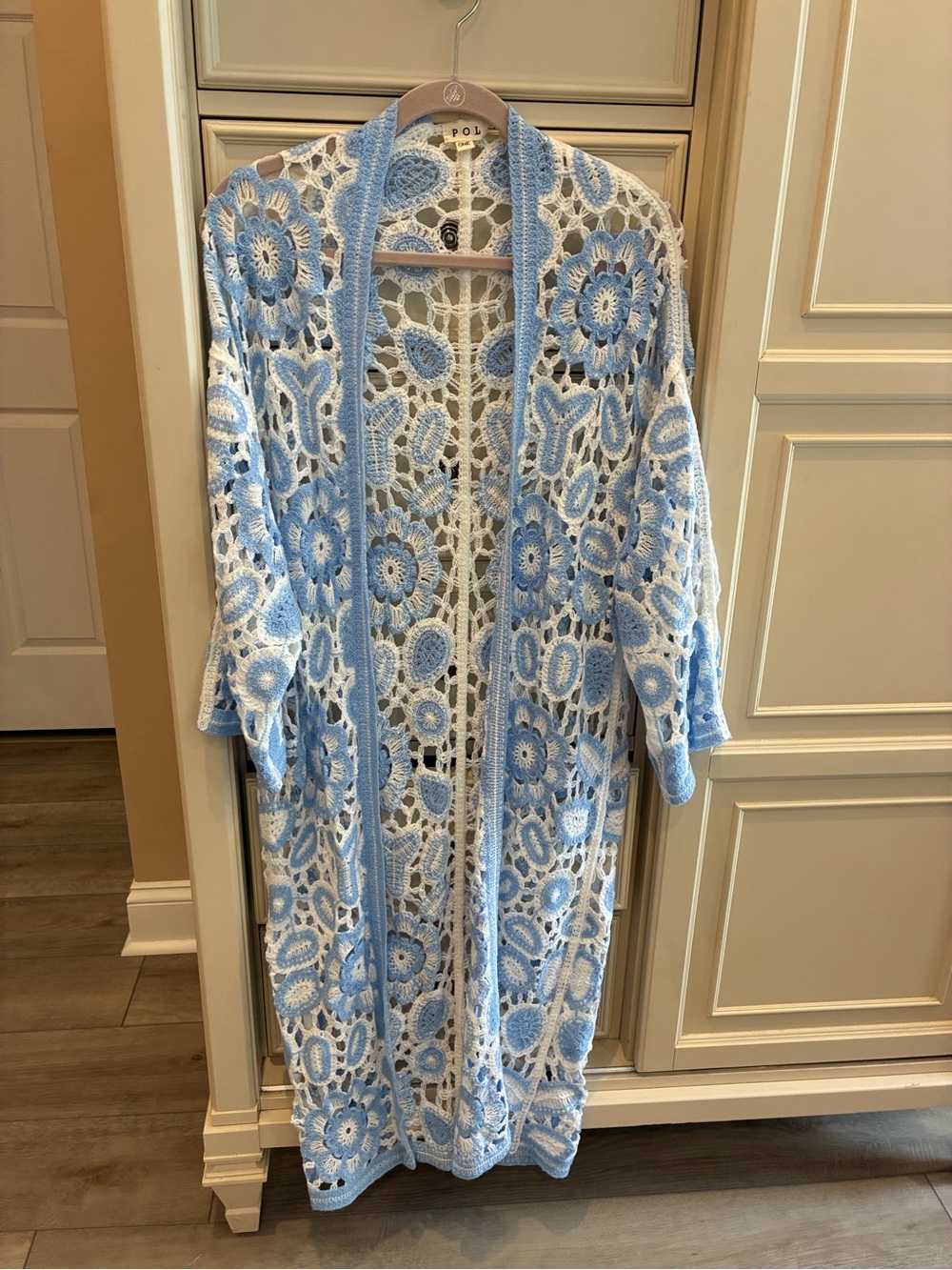 POL Light Blue & White Crochet Open-Front Duster